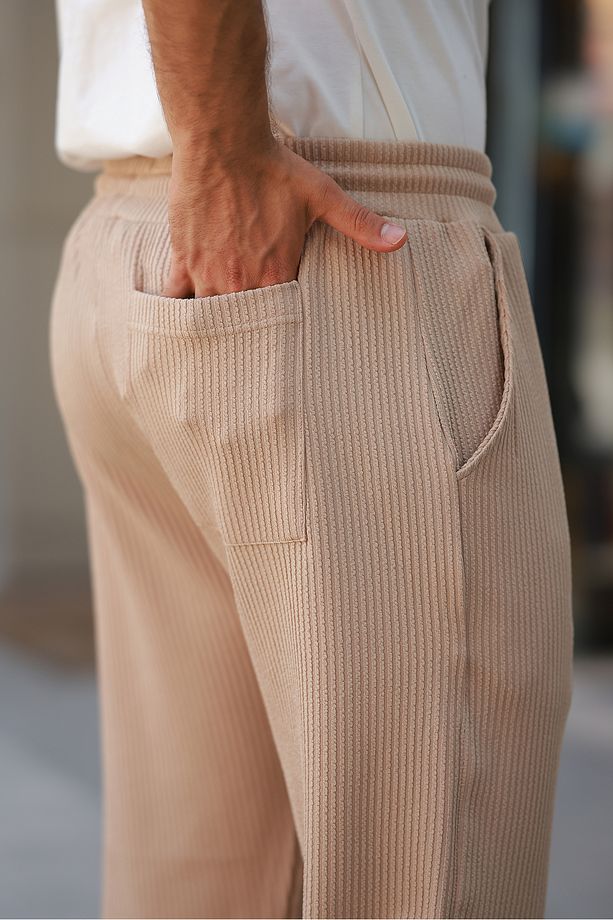 Erkek Bej Regular Fit Cepli Fırfır Desenli Jogger Pantolon - 3