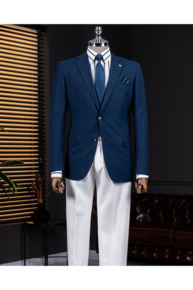 Italian Style Slim Fit Mono Collar Men's Single Jacket Navy Blue T14306