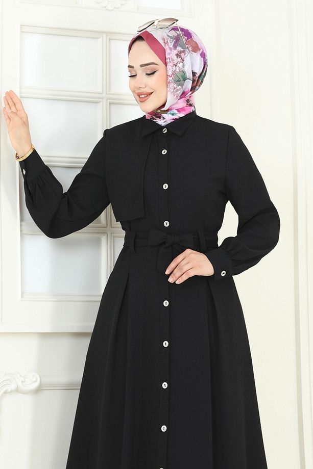 Önü Düğmeli Elbise Ferace 283ASN888 Siyah - 4
