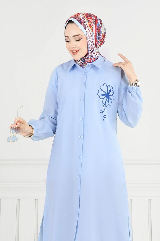 Nakış İşlemeli Tesettür Tunik 4095PM271 Bebe Mavisi - 4