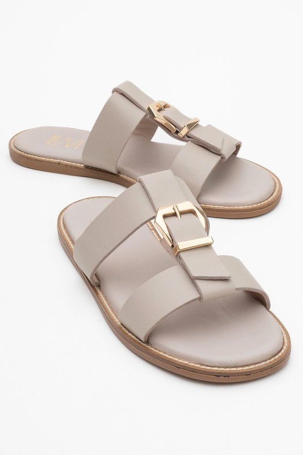 Sveta Stone Skin Buckle Genuine Leather Women's Slippers