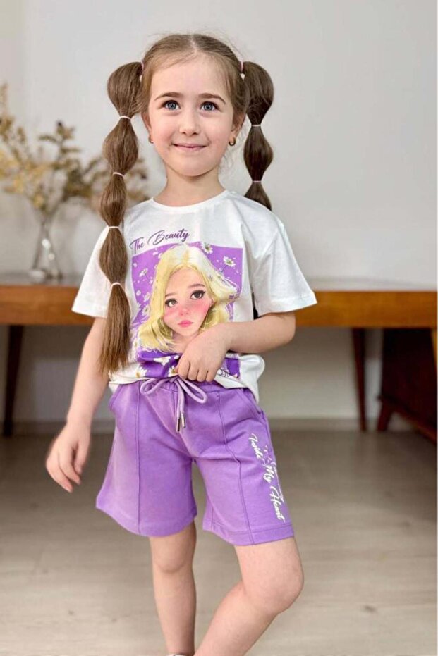 Girl's Daisy and the Beauty Text Printed Combed Cotton T-Shirt Lilac Shorts Set