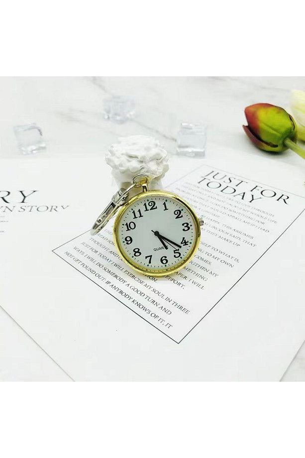 Anahtarlık Klipsli Analog Quartz Cep Saati Altın - 9