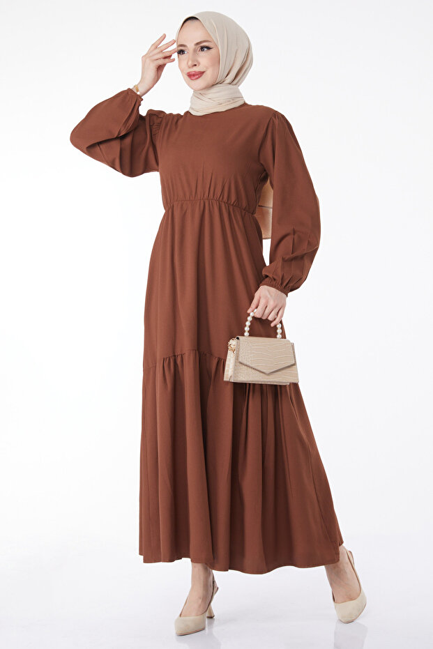 Beli Bağcıklı Elbise Kahve - 27303 - 2