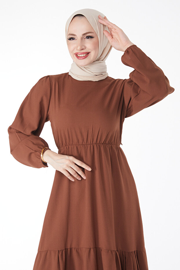 Beli Bağcıklı Elbise Kahve - 27303 - 4
