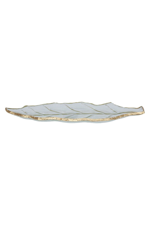 Glass Dessert Plate Alsaif Gallery, 3×15×42 cm, Leaf Pattern, Golden Edge - Transparent