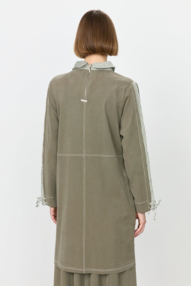 Garnili Gömlek Yaka Örme Tunik Haki - 4