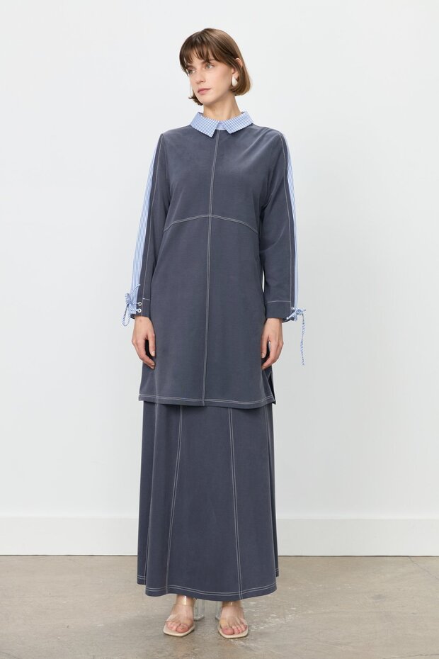 Garnili Gömlek Yaka Örme Tunik Lacivert - 1