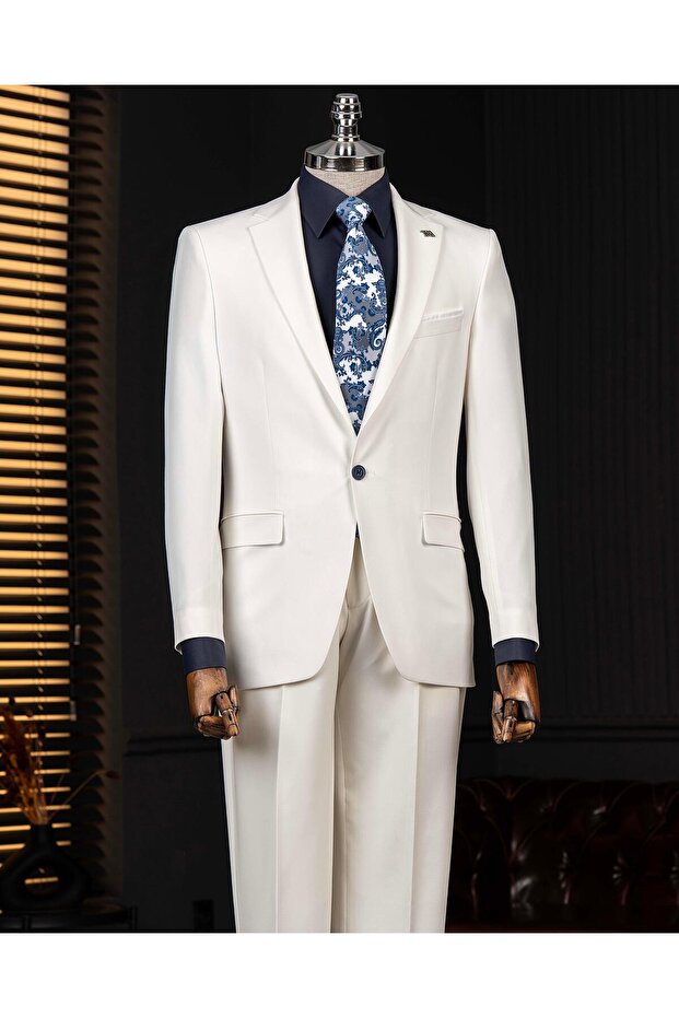 Italian Style Slim Fit Jacket Pants Suit Ecru T14158