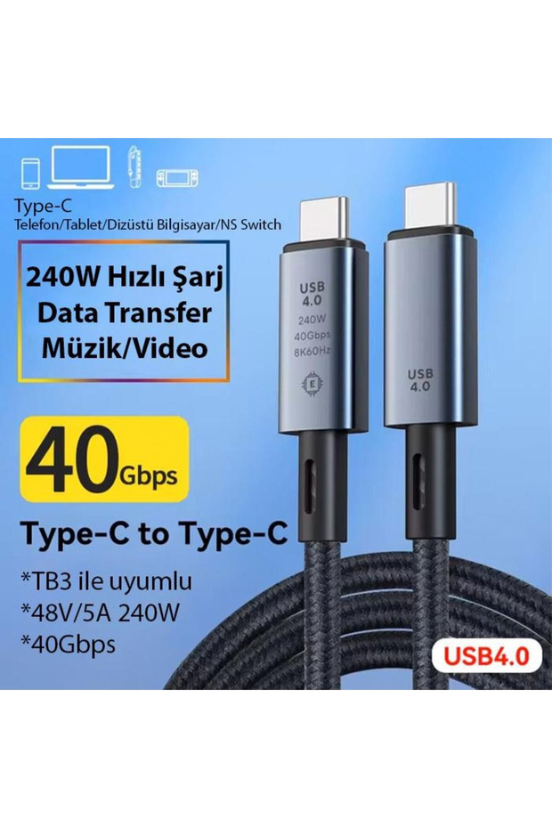 40Gbps 240W 4.0 Thunderbolt Type-C to Type-C Şarj, Data 8K 60Hz Görüntü Aktarım Kablo 2 Metre CZ855 - 3
