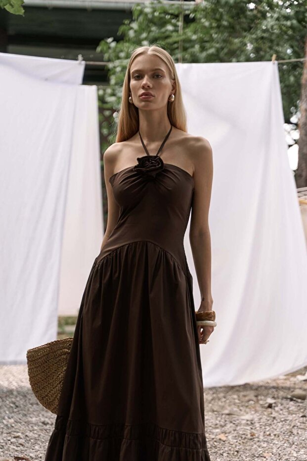 Elisa Gül Detay Koyu Kahve Uzun Elbise - 3