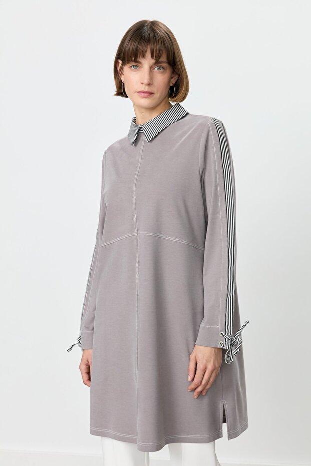 Garnili Gömlek Yaka Örme Tunik Gri - 2