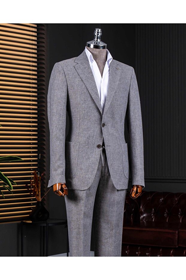 Italian Style Slim Fit Mono Lapel Jacket Pants Suit Gray T14364