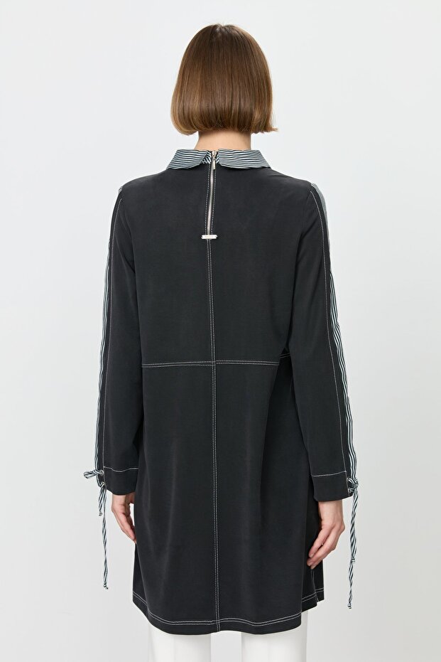 Garnili Gömlek Yaka Örme Tunik Siyah - 4