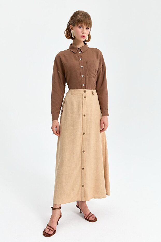 Önden Düğmeli Etek Camel - 1