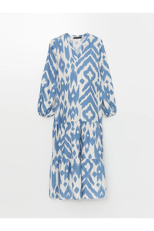 LCWAIKIKI Maternity Indigo Kaçık Yaka Desenli Uzun Kollu Hamile Elbise - 5