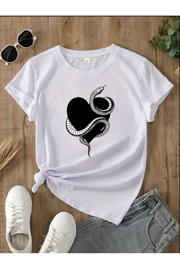 Snake Heart Graphic Printed Cotton Combed White T-Shirt