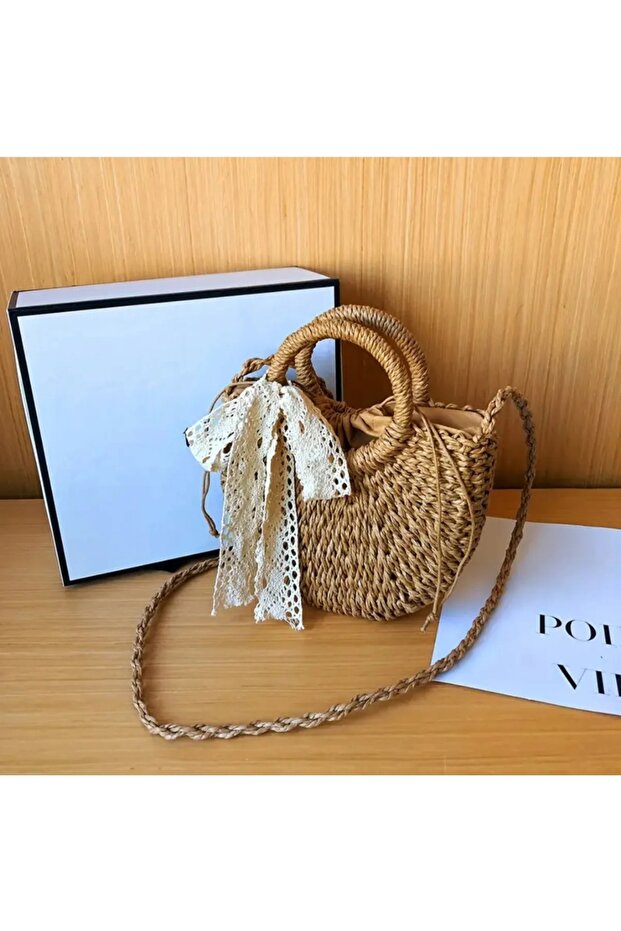 Brown Straw Bag with Lace Bow