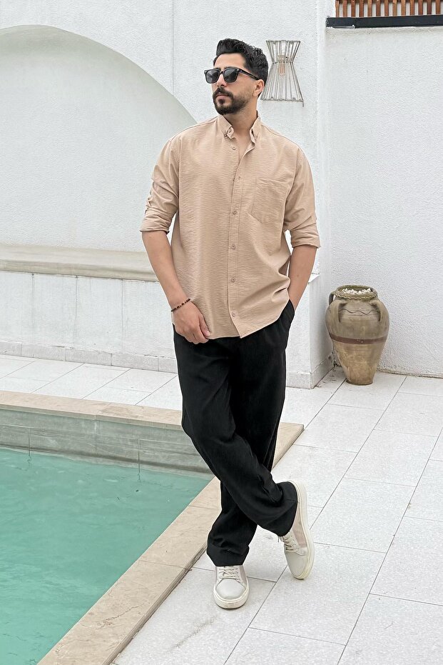 Regular Kraşlı Erkek Gömlek Sütlü Kahve - 1