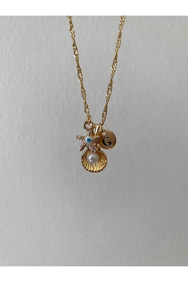 Oyster Detailed Letter and Evil Eye Necklace