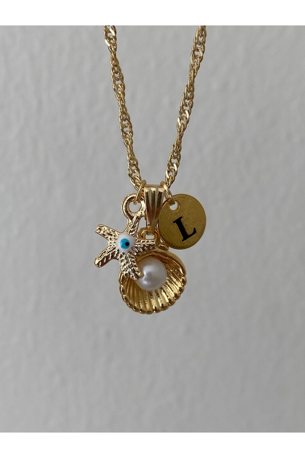 Oyster Detailed Letter and Evil Eye Necklace