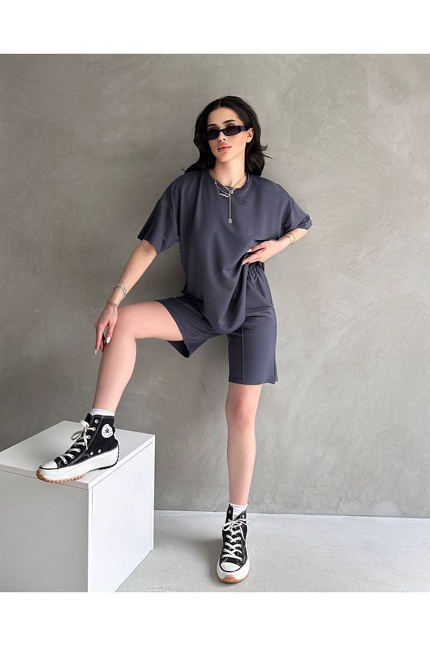 Modal Kumaş Oversize Kısa Kollu Kadın Eşofman Takımı, Şortlu, Bağcıklı Yumuşak Kumaş, Modern Tasarım - 1