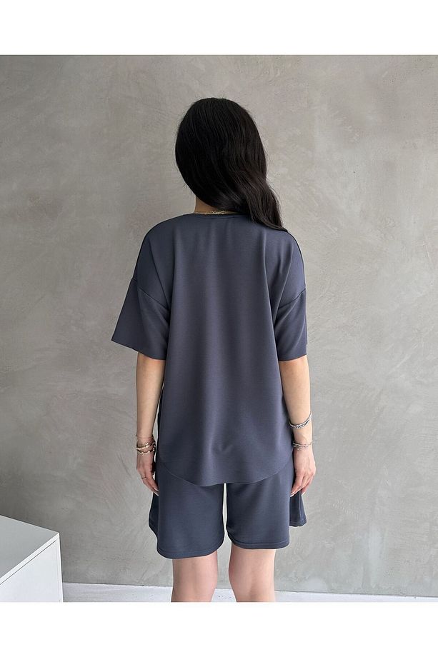 Modal Kumaş Oversize Kısa Kollu Kadın Eşofman Takımı, Şortlu, Bağcıklı Yumuşak Kumaş, Modern Tasarım - 3