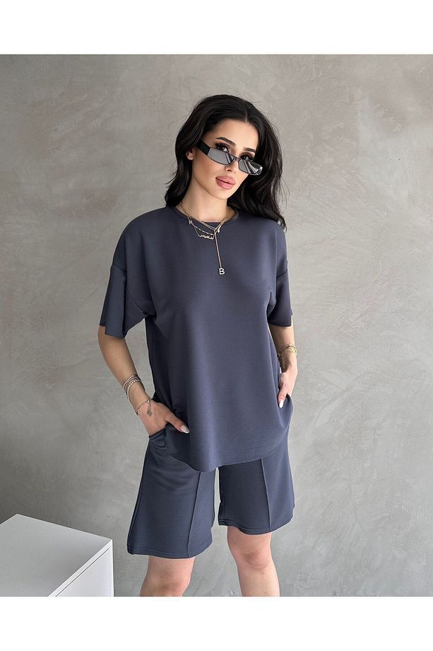 Modal Kumaş Oversize Kısa Kollu Kadın Eşofman Takımı, Şortlu, Bağcıklı Yumuşak Kumaş, Modern Tasarım - 4