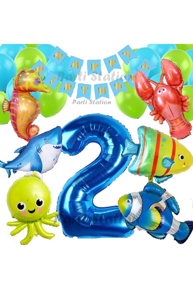 Ocean Animals 2 Year Old Birthday Balloon Set with Large Size Balloons Sea Creatures Balloon Set