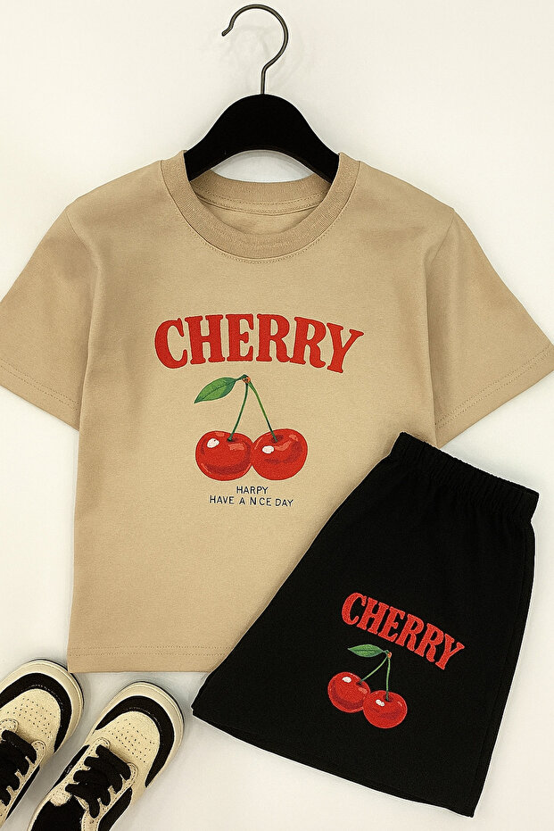 Girls Cherry Printed T-Shirt and Black Shorts Set