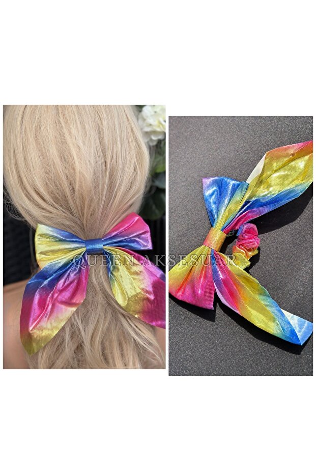 Rainbow Mermaid Shiny Glitter Colorful Long Tail with Scarf Big Bow Rubber Buckle