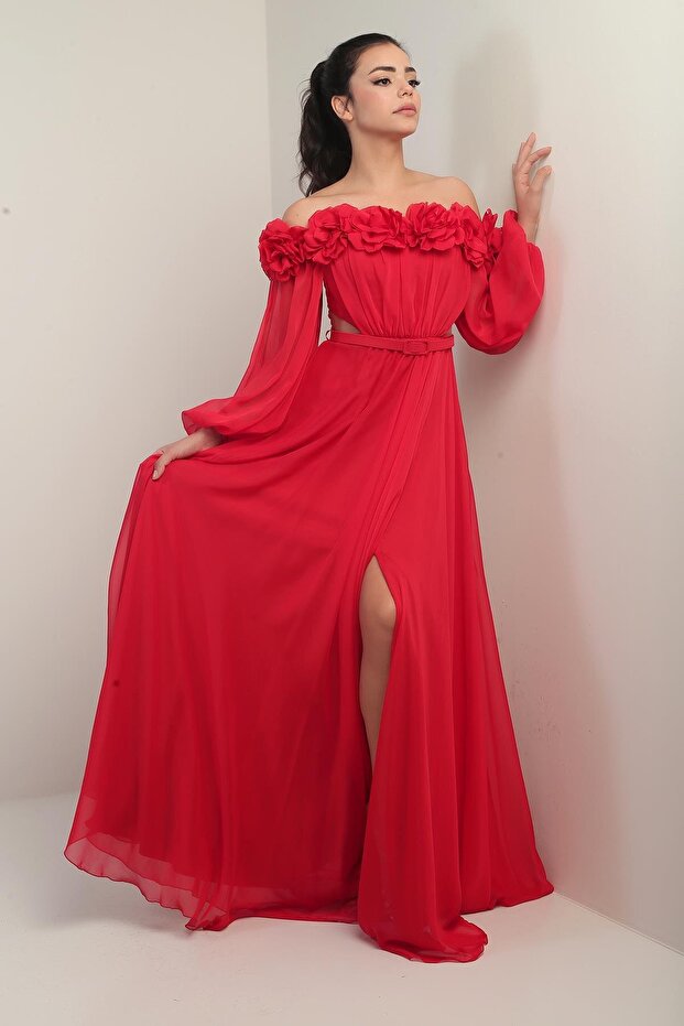 Women's Floral Madonna Collar Belted Lined Chiffon Long Dress
