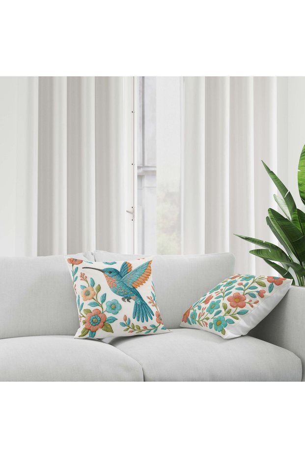 Punch Embroidery Patterned Digital Printed Bird Themed 2 Piece Throw Pillow Pillow Case Set in Orange Colors