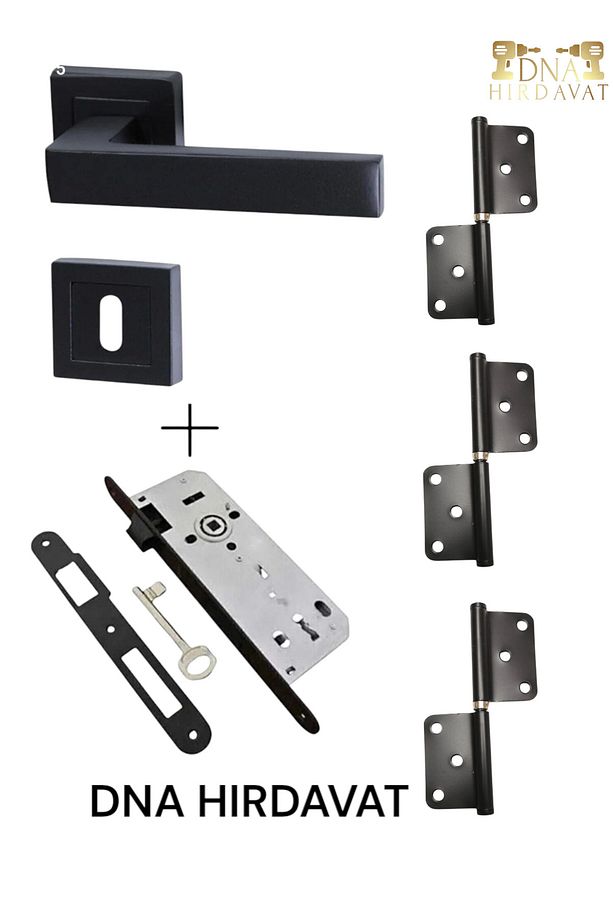 SİYAH KARE ROZETLİ KAPI KOLU KAPI KİLİDİ MENTEŞE SET (1 TAKIM) - 1