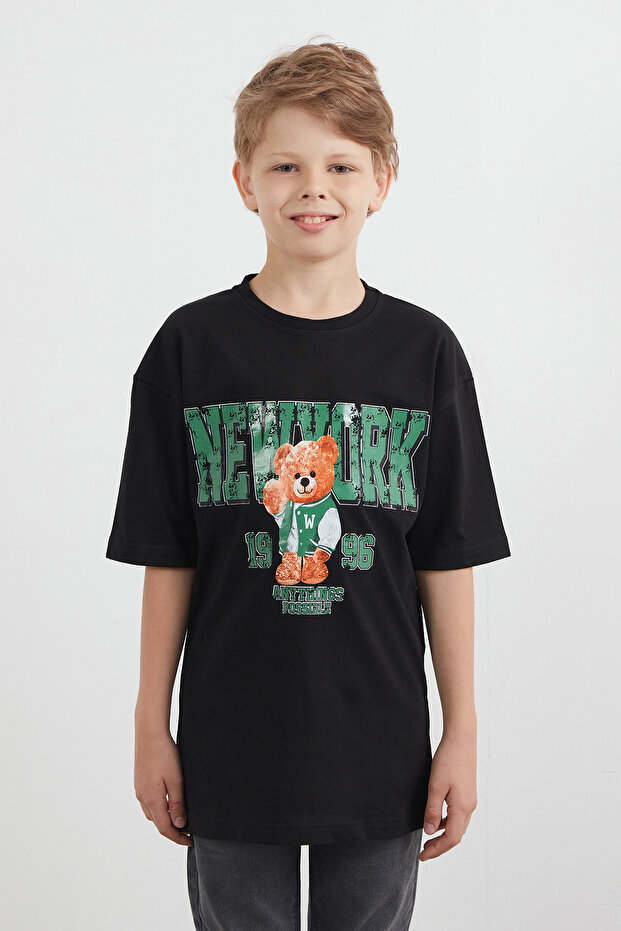 New York Lettering and Teddy Bear Printed Boys' T-Shirt
