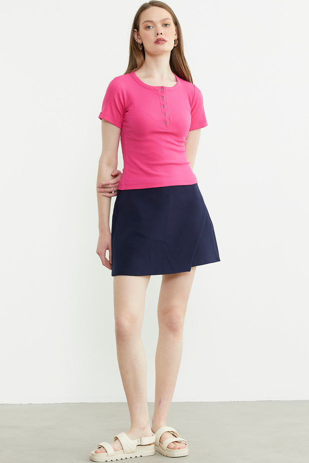 Düğmeli Kısa Kol Basic Tişört - Fuşya - 3