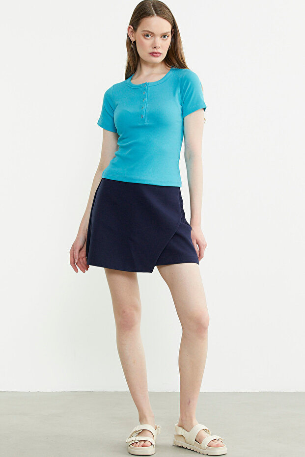 Düğmeli Kısa Kol Basic Tişört - Turkuaz - 2