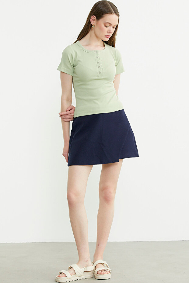 Düğmeli Kısa Kol Basic Tişört - Yeşil - 2