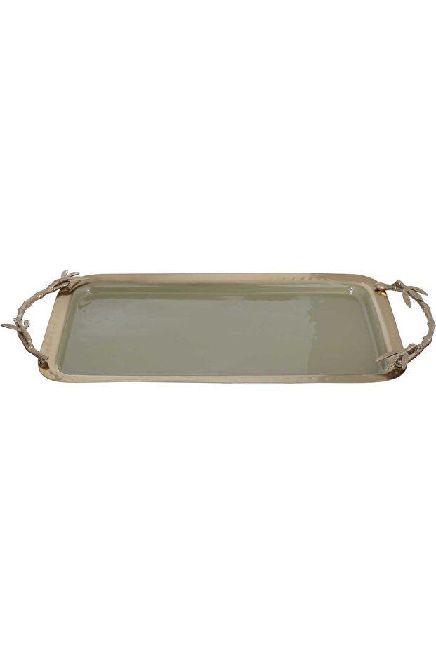 Serving Tray with Golden Handle from Alsaif Gallery, 40×23×2 cm, Rectangular, Large - Light Green