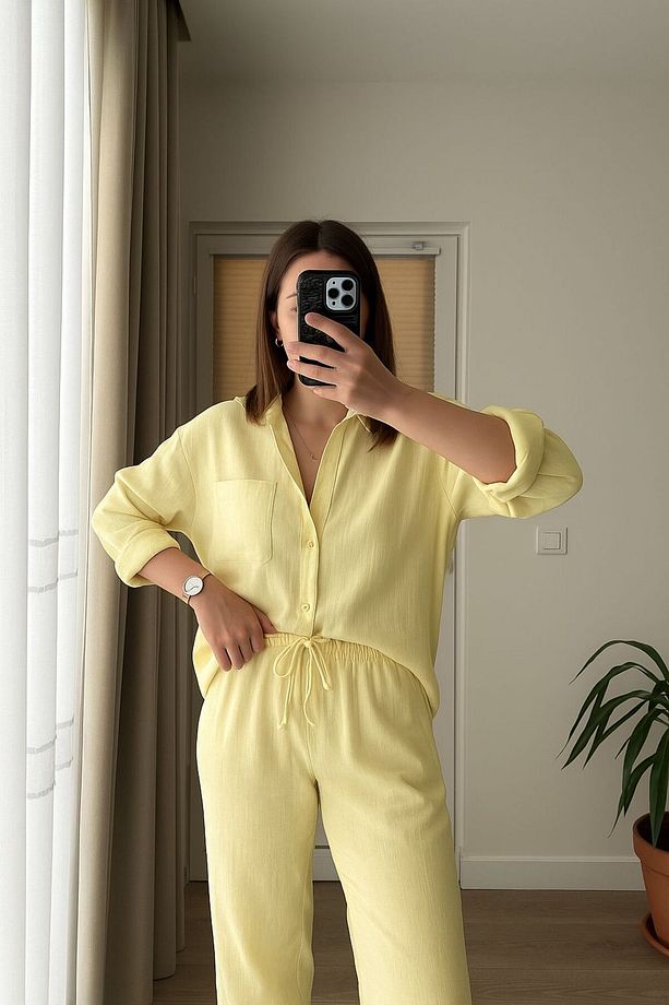sarı Kadın Cepli Oversize Müslin Gömlek - 1