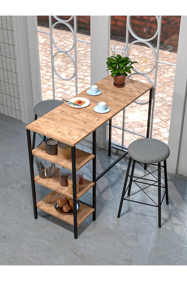 RETODESİGN RAFLI YUVARLAK TABURELİ BAR TAKIMI 4651A - 3