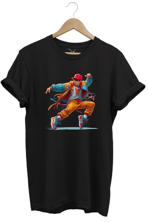 Dancing Boy Dancing Boy Design Printed 100% Cotton Regular Fit Black T-Shirt