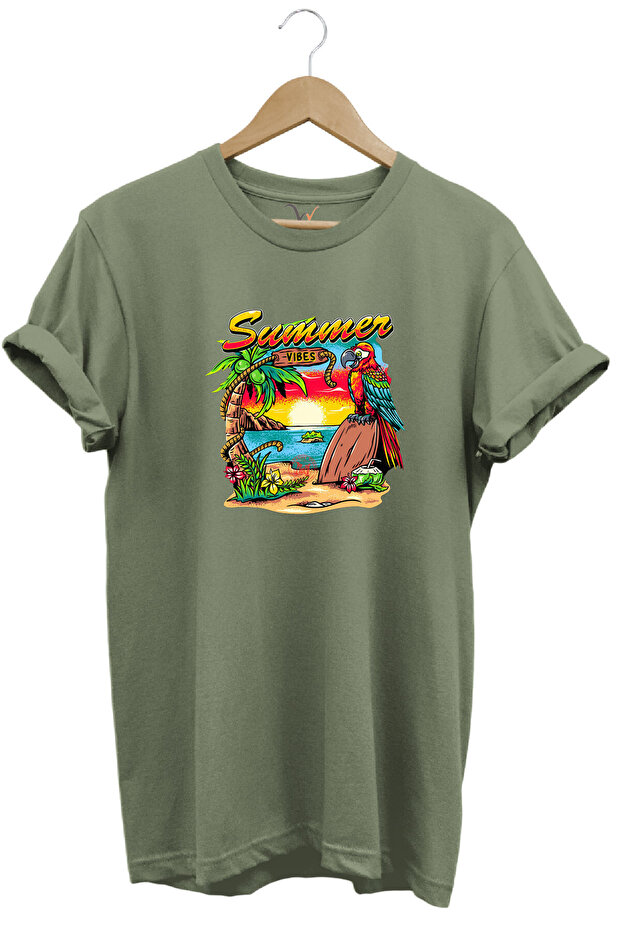 Colorful Summer Vibes Design Printed and Parrot 100% Cotton Regular Fit Premium Khaki T-Shirt