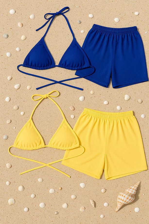 Kadın Sarı Ve Mavi 2li Yandan Ve Boyundan Bağlamalı Tangalı Üçgen Bikini Şort Gecelik Deniz Takımı - 5