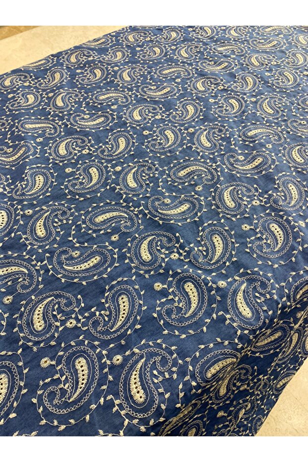 Blue Denim Look Dense Paisley Embroidered Fabric En135 cm Special Design Dress, Decorative Projects