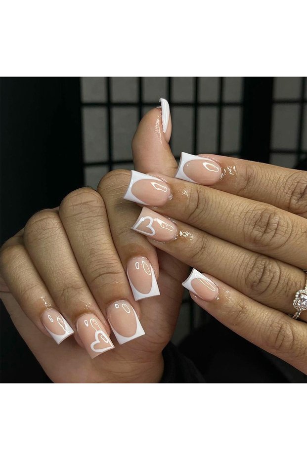 B6-1-2-F113(ZX) 24pcs medium square minimalist white heart waterproof fake nail rubbing strip&jelly