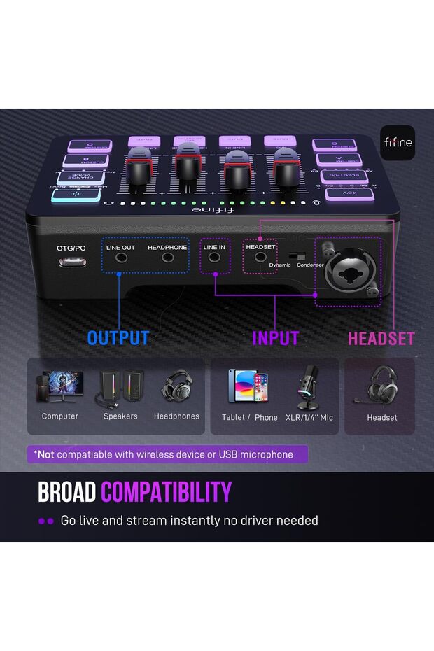 Gaming Audio Mixer, Streaming RGB PC Mixer with XLR Microphone Interface, Individual Control, - 7