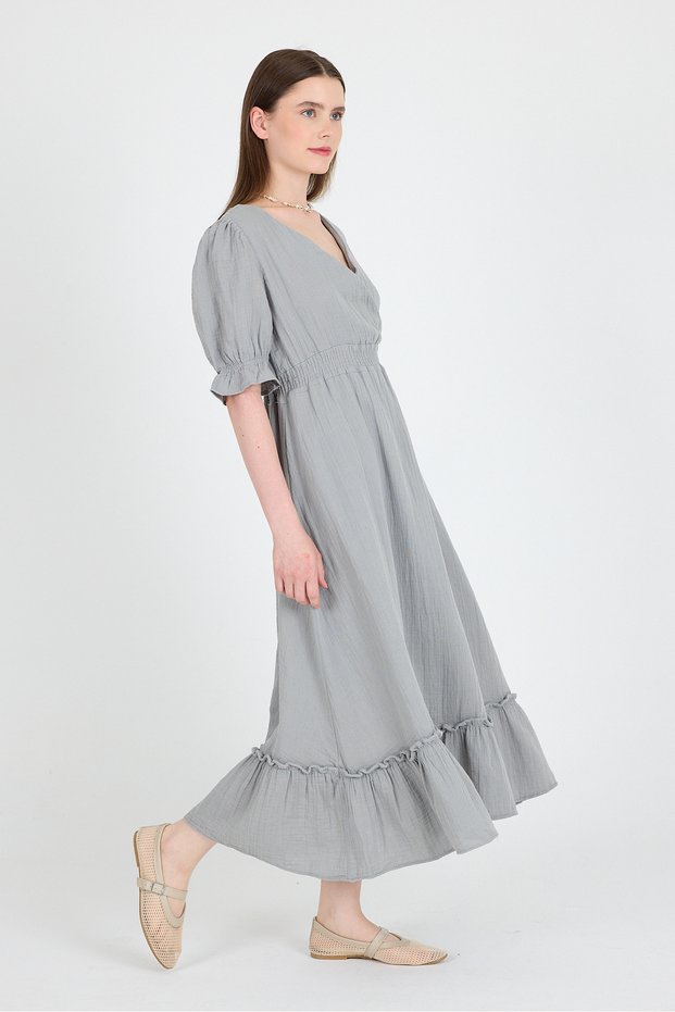 Gray 100% Cotton Muslin V-Neck Waist Elastic Midi Dress 4780A