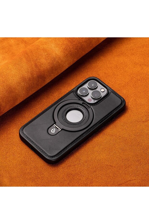غلاف هاتف فاخر من الجلد الصناعي مع حامل مغناطيسي لهاتف iPhone 15 ProMax باللون الأسود، مناسب لسلسلة iPhone 16 و15 و14