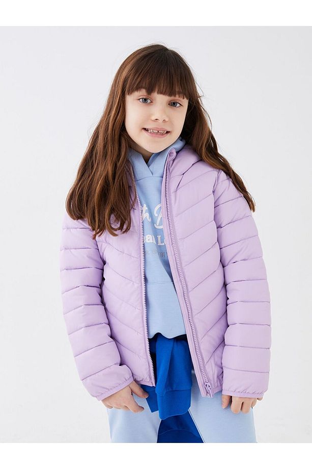 Lila Kapüşonlu Basic Kız Çocuk Şişme Mont - 1